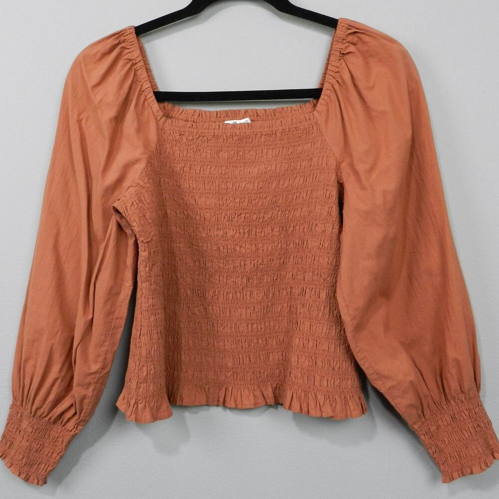 Madewell Lucie Bubble Sleeve Smocked Top Size XL Burnt Umber Style NC843 - Picture 2 of 16